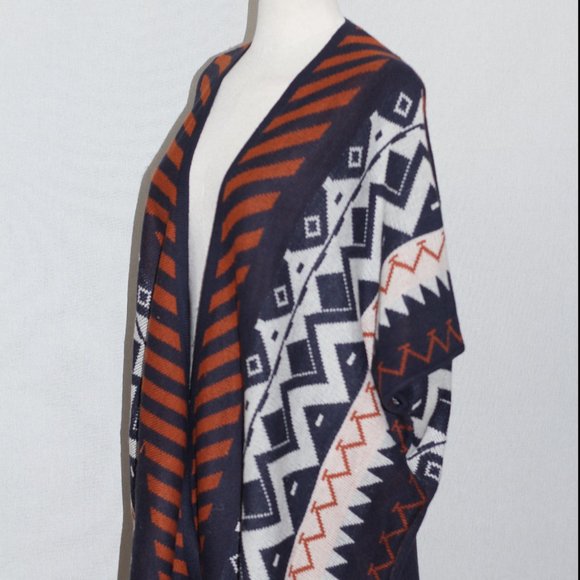 Blue & Orange Wool Tribal Fringe Shawl - Picture 10 of 15